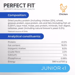 Perfect Fit Junior 1 Complete Dry Cat Food for Junior Cats Under 1 Year, Rich in Chicken, 4 x 750g