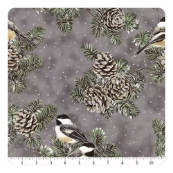 Fat Quarter Christmas First Snowfall Birds & Pinecones Grey 100% Cotton Fabric
