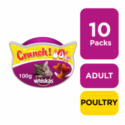 10 x 100g Whiskas Crunch Tasty Topping Cat Treats Chicken Turkey & Duck (1kg)