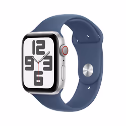 Apple Watch SE GPS + Cellular 44mm Silver Aluminium Case with Denim Sport Band - M/L, OLED, Touchscreen, 32 GB, Wi-Fi, GPS (s ...
