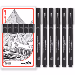 Uni Pin Fineliner Drawing Pen - Black Ink - Pack of 6 - Fine 0.5mm Nib Tip - in Gift Box