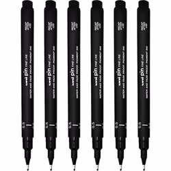 Uni Pin Fineliner Drawing Pen - Black Ink - Pack of 6 - Fine 0.5mm Nib Tip - in Gift Box