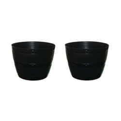 2 Black Barrel Planter Small Round Plastic Plant Pot 34cm Patio Garden