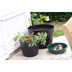 2 Black Barrel Planter Small Round Plastic Plant Pot 34cm Patio Garden