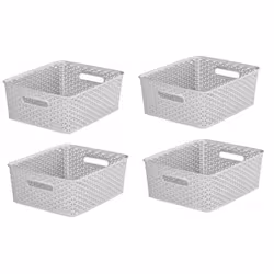 4x Grey 13L Curver Nestable Plastic Rattan Storage Basket 35.5x29.5cm