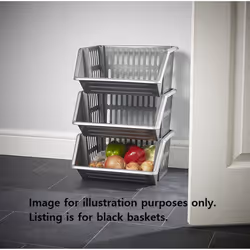 Black Stacking Storage Baskets Veg. Rack 3 Tier Kitchen Office 36cm