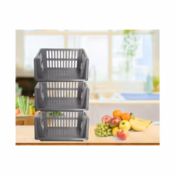 Silver Stacking Storage Baskets Veg. Rack 3 Tier Kitchen Office 36cm