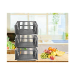 Silver Stacking Storage Baskets Veg. Rack 3 Tier Kitchen Office 36cm