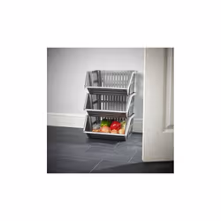 Silver Stacking Storage Baskets Veg. Rack 3 Tier Kitchen Office 36cm