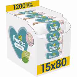 Pampers Sensitive Baby Wipes 15 Packs of 80 = 1200 Baby Wet Wipes, Unscented, For a Soft And Gentle Clean