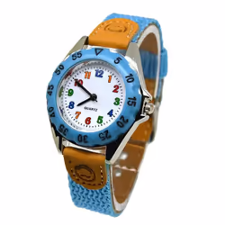 Boys Girls Quartz Watch Kids Childrens Fabric Strap Student Wristwatch - Sky blue