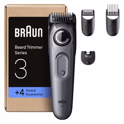 Braun Beard Trimmer Series 3, +4 Styling Tools, Ultra Sharp Blade, 50 Min Runtime, 40 Lengths, BT3525, Grey