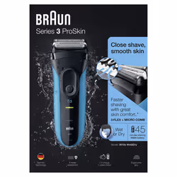 Braun Series 3 ProSkin Electric Shaver, Electric Razor for Men With Precision Head, Cordless, Wet & Dry, 2 Pin Bathroom Plug, 3010s, Black/Blue Razor