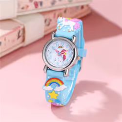 Cute Candy Color Silicone Strap Unicorn Pattern Quartz Childrens Watch - Sky blue