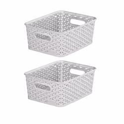 2 Grey 4L Curver Nestable Plastic Rattan Storage Basket 25.5 x 19.5cm