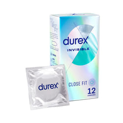 Durex Invisible, 12 Condoms, Close Fit, with Silicone Lube, Teat Ended, Smooth Shape, Trusted Durex Protection, Natural Latex Condoms