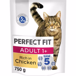 Perfect Fit Adult 1+ Complete Dry Cat Food for Adult Cats Aged 1+ Years, Rich in Chicken, 4 Bags (750 g)