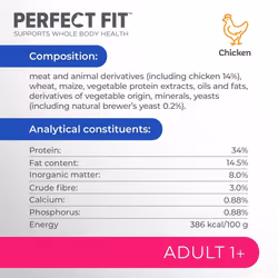 Perfect Fit Adult 1+ Complete Dry Cat Food for Adult Cats Aged 1+ Years, Rich in Chicken, 4 Bags (750 g)