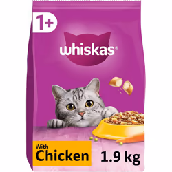 Whiskas 1+ Chicken Pack of 4 x 1.9 kg Bags, Adult Cat Dry Food