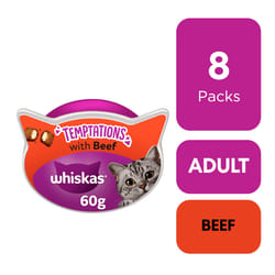 8 x 60g Whiskas Temptations Adult Cat Treats Beef Cat Biscuits (480g)