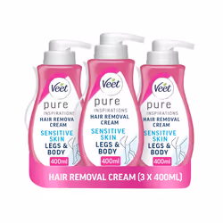 Veet Pure Hair Removal Cream 400ml (3 Pack) For Legs And Body, Sensitive Skin, Includes Spatula, Long-Lasting Smoothness, Hyd ...