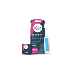 Veet Expert Waxing Strips for Sensitive Skin - 20 Cold Wax Strips & 4 Finish Wipes for Eyebrow, Facial Hair Removal - Hydrating, Exfoliating, Ideal f
