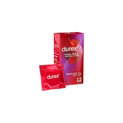 Durex Thin Feel Extra Lube Condoms, Regular Fit, 12 Pack, Secure Natural Latex, Silicone Lubricant, Easy On Shape, Enhanced Sensitivity, Comfortable,