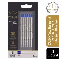 Parker QUINK flow Ballpoint Pen Medium Tip Blue Ink Refills, 6 Refills