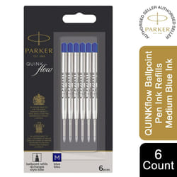 Parker QUINK flow Ballpoint Pen Medium Tip Blue Ink Refills, 6 Refills