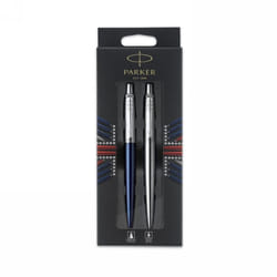 Parker Jotter London Two Pen Set with Chrome Trim Medium Nib Blue and Black Ink