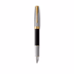 Parker Sonnet, Black, Gold, Metallic, Black, Brass, Stainless steel, Gold, Lacquer, Palladium, Italic nib, Gold/Rhodium