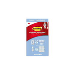 Command Clear Mini Hooks with Clear Strips, Multi Pack of 30 Hooks + 32 Adhesive Strips - Indoor Use - Suitable for Hanging Items up to 225g - Damage