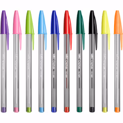 BIC Cristal, Clip, Stick ballpoint pen, Black, Blue, Green, Light Blue, Light Green, Orange, Pink, Purple, Red, Turquoise, 10 ...