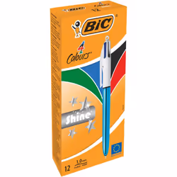 BIC 4 Colours Shine Ballpoint Pens - Metallic Blue Body, Box of 12