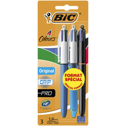 4 Colours Original Pens - Variety Pack of 3 - Includes Original, Grip and Pro 4 Colour Pens with 1.0 mm Tip,Blue,Green,Red,Black(packaging may vary)