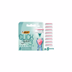 Click 3 Soleil Sensitive Women's Razor Refills, 3 Moveable Blades and Lubricating Strip - Box of 8 Cartridges, Blue