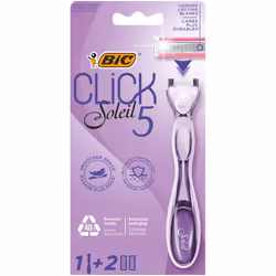 Click 5 Soleil Refillable Women's Razor, 40% Recycled Plastic Handle with Rubber Grip, 2 x 3-Blade Refills - Box of 1+2, Purp ...