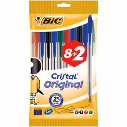 BIC Cristal Original Ballpoint Pens Medium Point (1.0 mm) - Assorted Colours, Pouch of 8+2