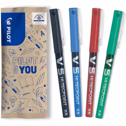 Pilot V5 Liquid Ink Rollerball 0.5mm Tip - Black/Blue/Red/Green (Pack of 4)