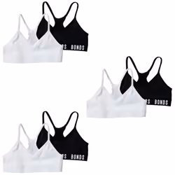 6x Bonds Sports Seamless Racer Back Crop Top Girls Black White Bras UXNK2A Bulk - 6-8