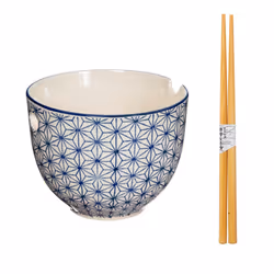 SASHIKO PATTERN NOODLE BOWL WITH CHOPSTICKS - SET OF 4