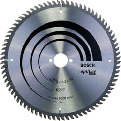 Bosch 2608640660 Optiline Wood Circular Saw Blade for Bench, 250mm x 3.2mm x 30mm, 80 Teeth, Blue