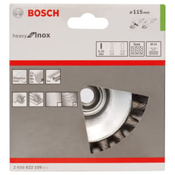 Bosch 2608622109 Conical Brush Knotted Wire 0.35mm, 115mm x M14, Inox, Silver/Green