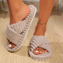 Home Slippers, Comfortable and Warm Open Toed Soft Plush Shoes, Solid Color Indoor Floor Slippers - khaki, 40-41