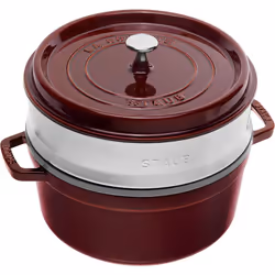 Staub Cast Iron Roaster/Cocotte, With Steam Insert, Round 26 cm, 5.2 L, With Matte Black Enamel Inside the Pot, Grenadine