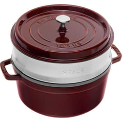 Staub Cast Iron Roaster/Cocotte, With Steam Insert, Round 26 cm, 5.2 L, With Matte Black Enamel Inside the Pot, Grenadine