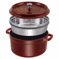 Staub Cast Iron Roaster/Cocotte, With Steam Insert, Round 26 cm, 5.2 L, With Matte Black Enamel Inside the Pot, Grenadine