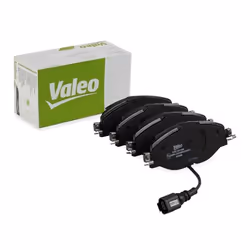 Brake pad set; VALEO; FIRST Front Axle incl. wear warning contact with anti-squeak plate; for VOLKSWAGEN, AUDI, SKODA, SEAT, ...