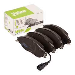 Brake pad set; VALEO; Front Axle incl. wear warning contact with anti-squeak plate; for VOLKSWAGEN, AUDI, SKODA, SEAT, CUPRA; ...