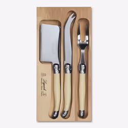 Laguiole Cheese Knife, Fork & Cleaver Set in Wooden Tray, 100% Made In France - Ivory